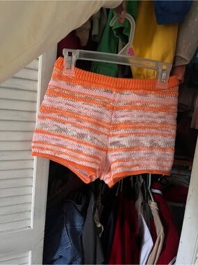 White Fox Boutique Orange & White Striped Knit Swim Coverup Shorts